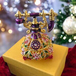 Vintage Mini Telephone Colorful Enamel Rhinestones Jewelry Trinket Hinged Box